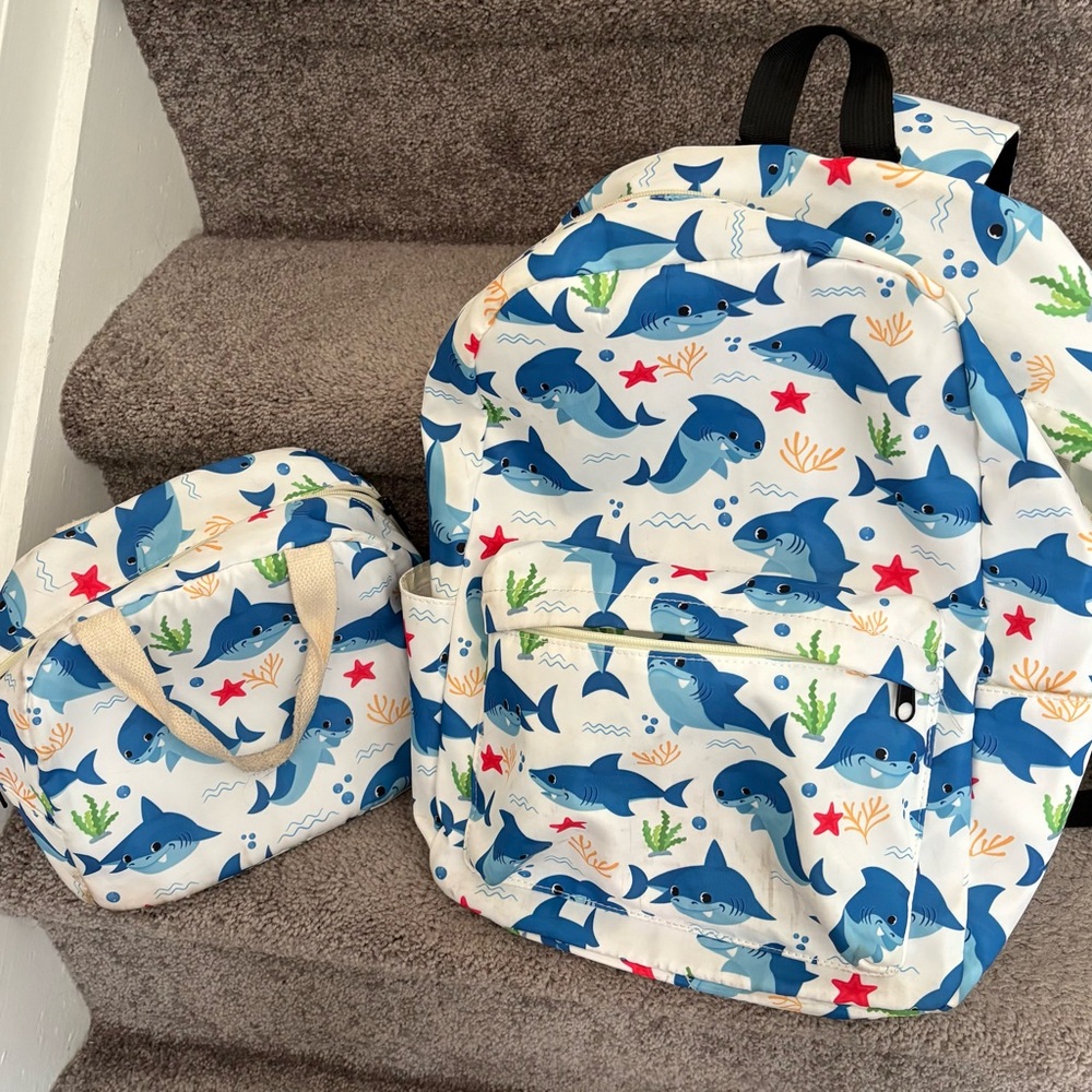 Shark Print Kids Backpack and Lunch Bag Set